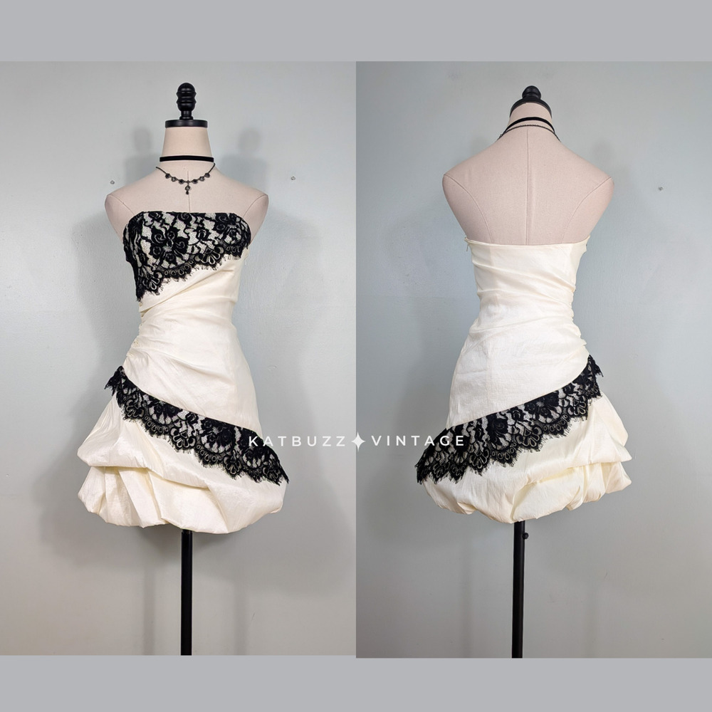 Vintage Mcclintock Prom Dress Mini Gown 4 Cream Black Lace Hoco Y2K Glam Bubble